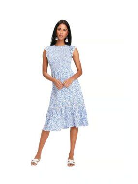 Lost + Wander pick me blue floral midi dress L